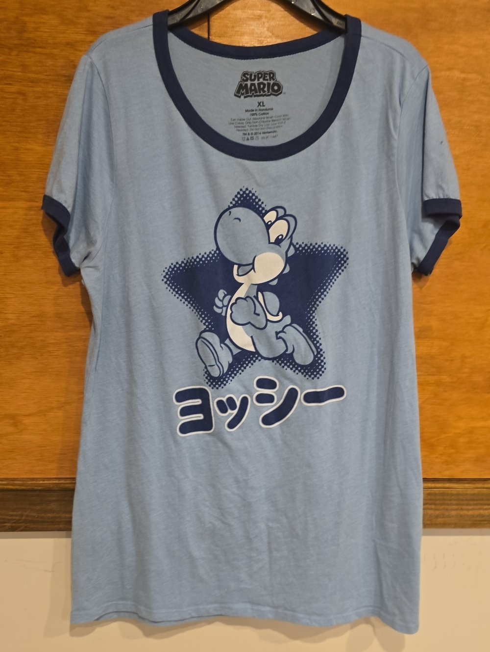 Nintendo Light Blue Yoshi Short Sleeve Tee with Navy Trim